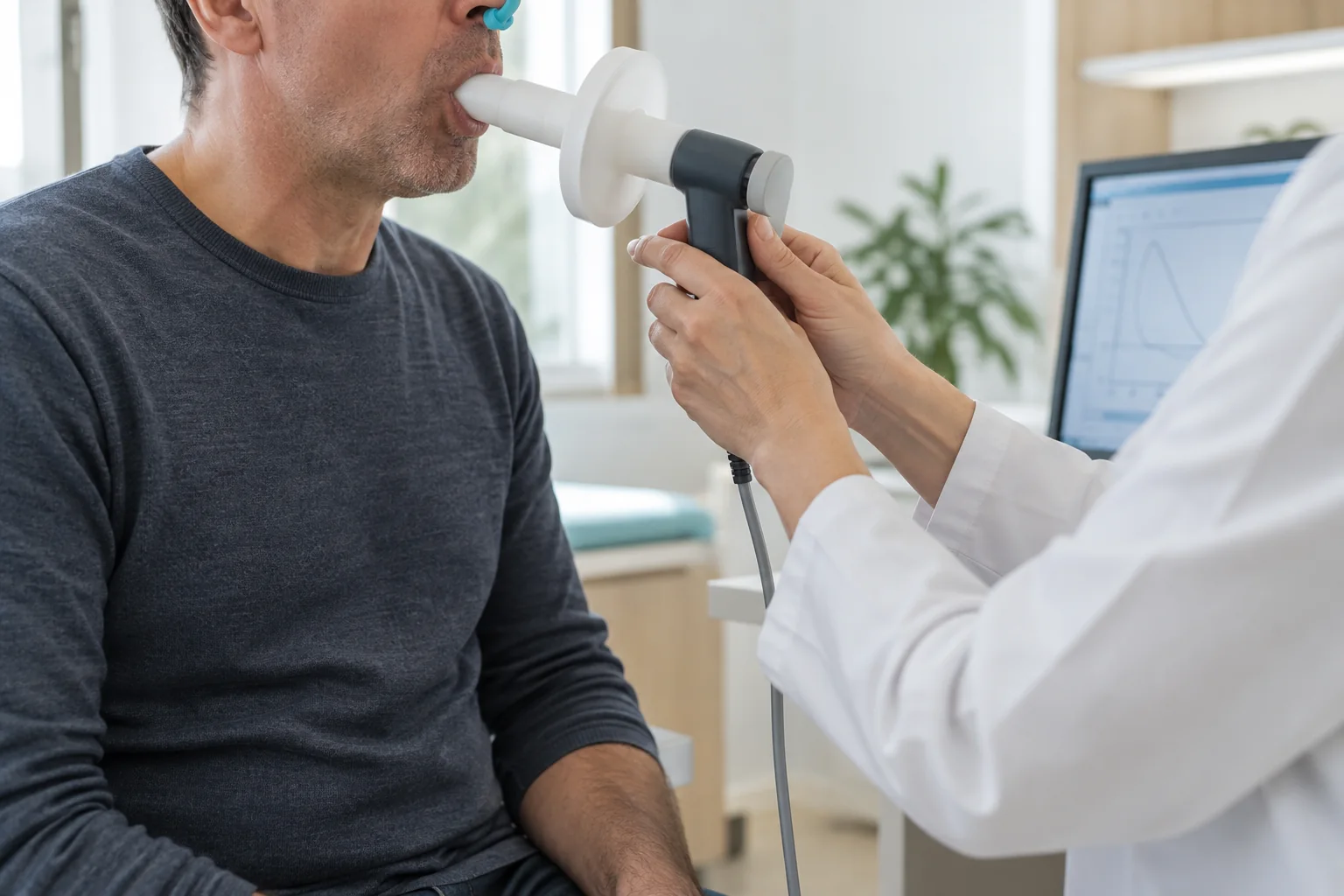 Lungenfunktionsprüfung mit einem Spirometer in einem hellen Behandlungsraum